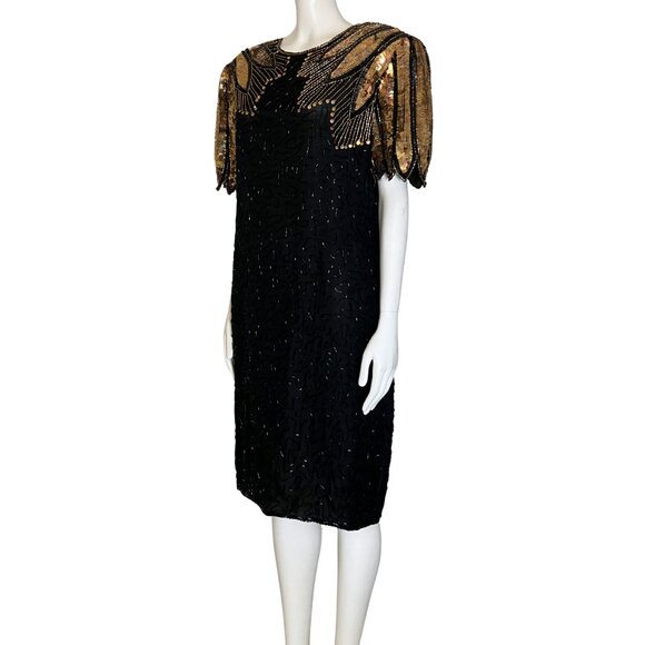 Vintage 80s 100% Silk Beaded Sequin Black Gold Cocktail Dress M/L Deco Flapper - Picture 3 of 15